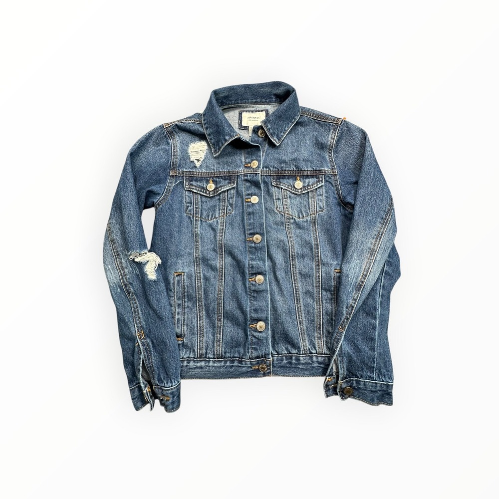 Forever 21 Denim Jacket Womens S Blue Distressed Ripped Trucker‎ Jean Jacket